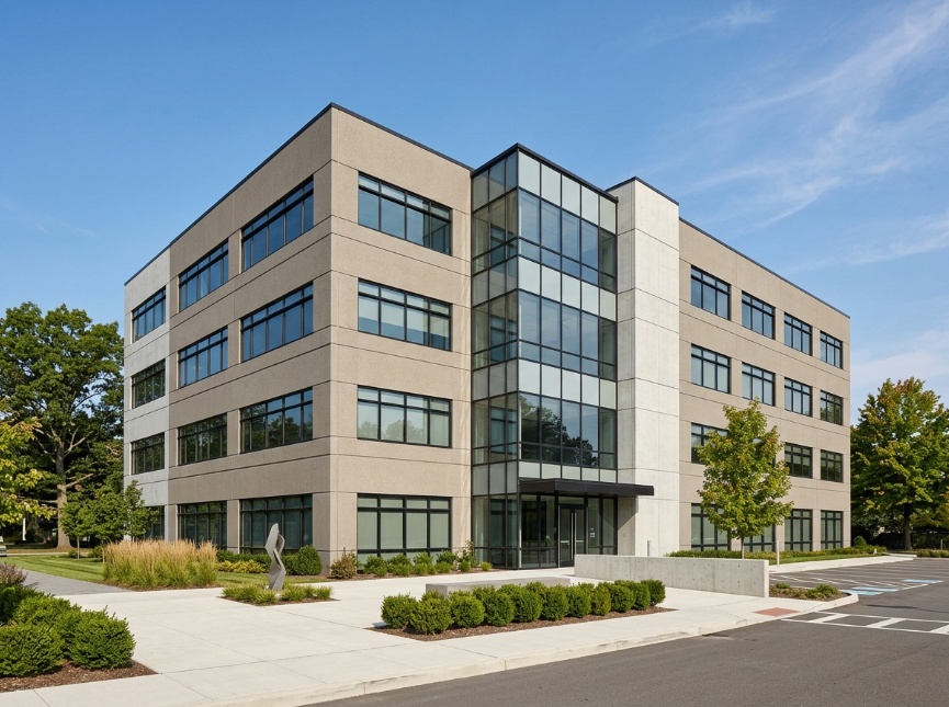 Corporate office facade in greige and light concrete gray with black window frames.