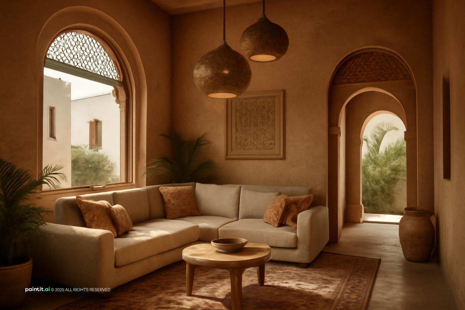 Arched Moorish-style living room with a cream sectional, brass lanterns and a patterned rug