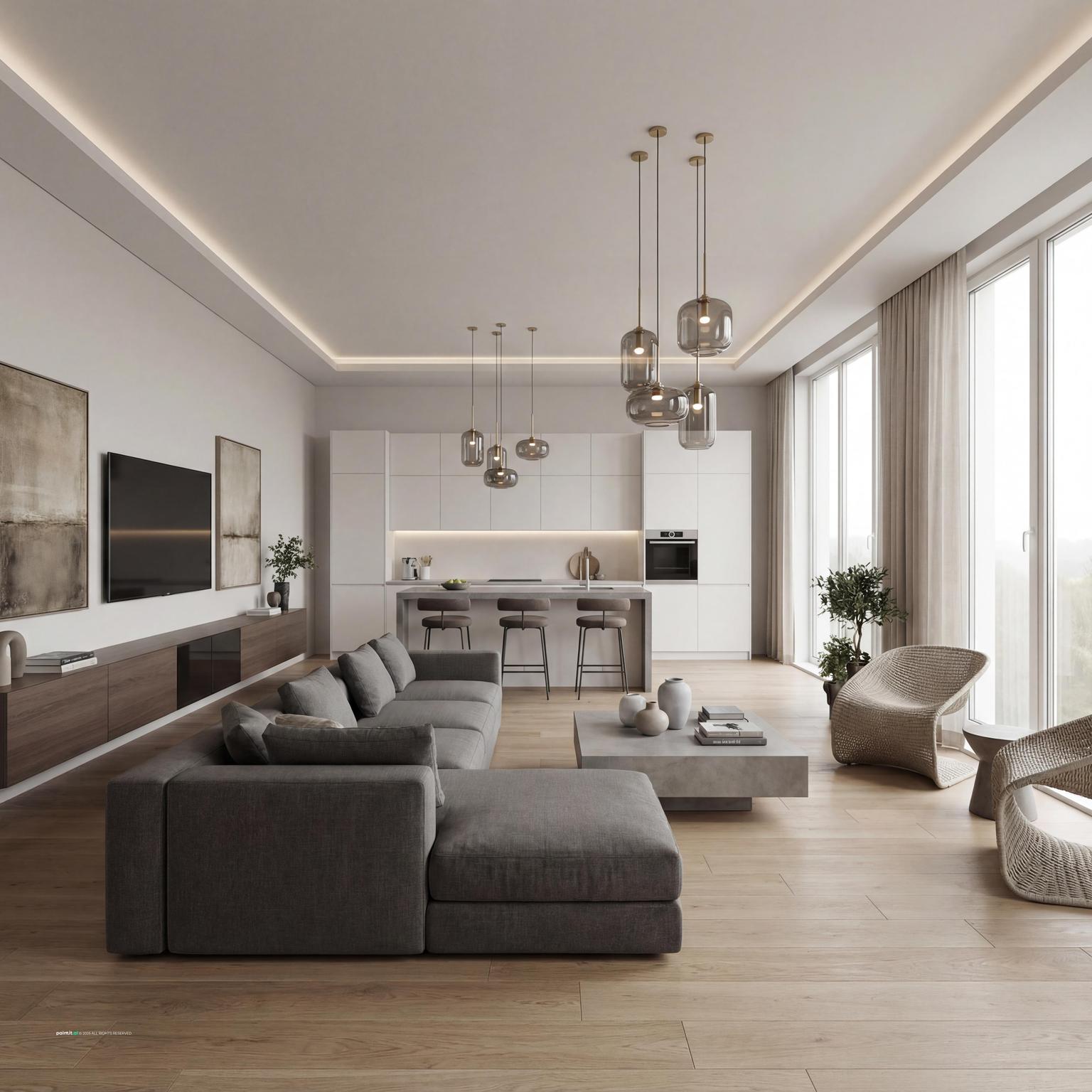 Modern open-plan Japandi living room and kitchen design, fostering seamless flow, natural light, and a serene, interconnected aesthetic.