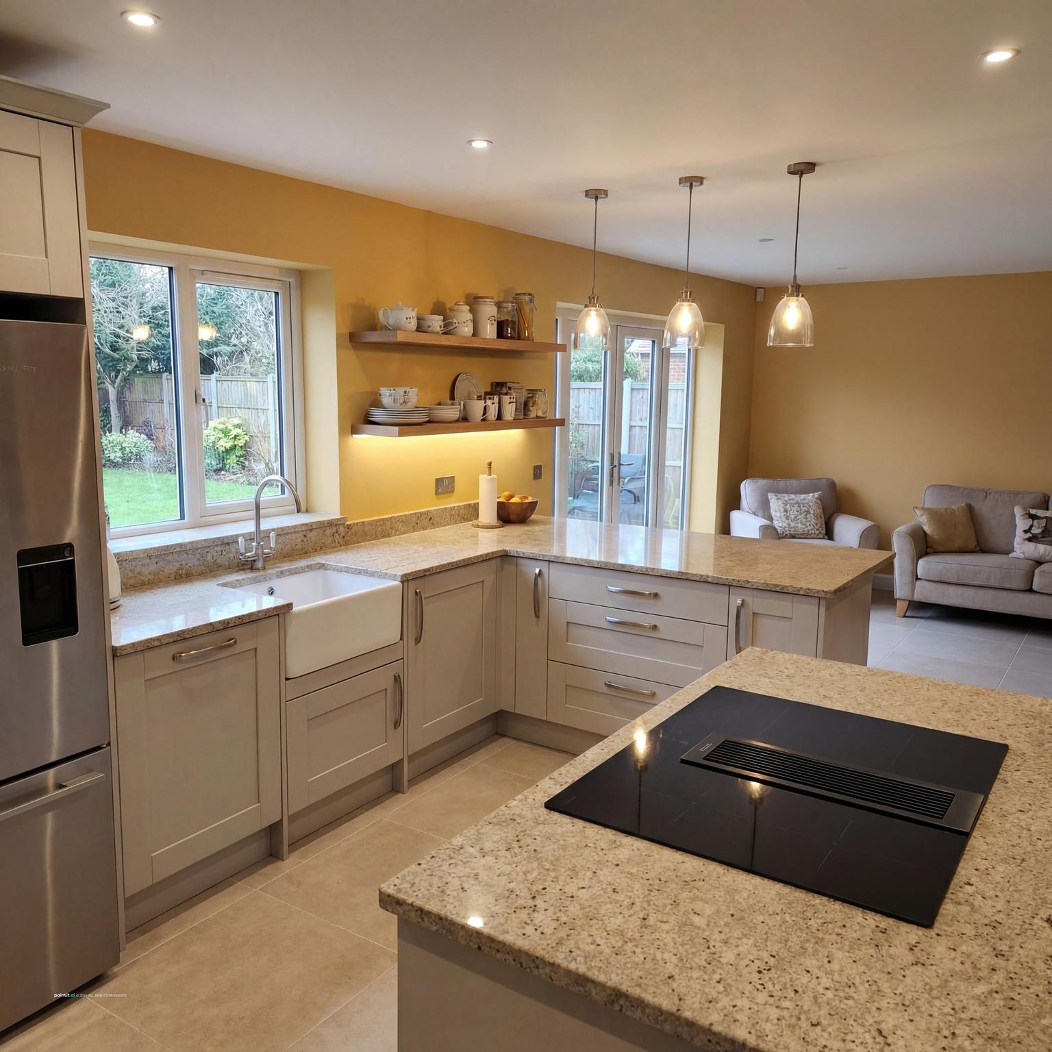 Stunning Sahara Yellow Corner Kitchen Design cabin living room