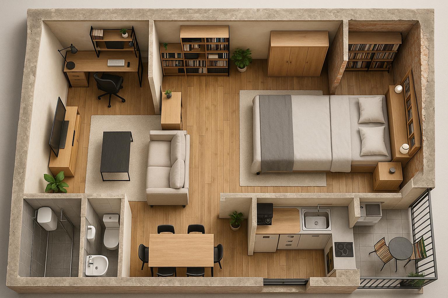 Stunning Open-Concept Studio Apartment Design with daylight and lighting and a calm living room atmosphere.
