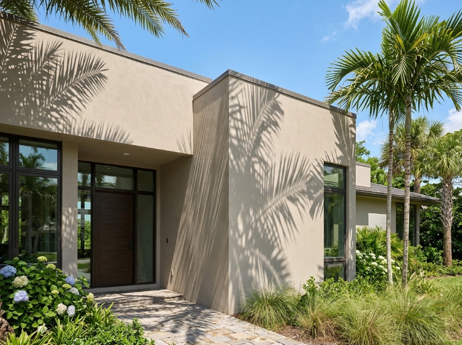 Sun-exposed Florida stucco facade in warm greige using a flexible high-performance coating.