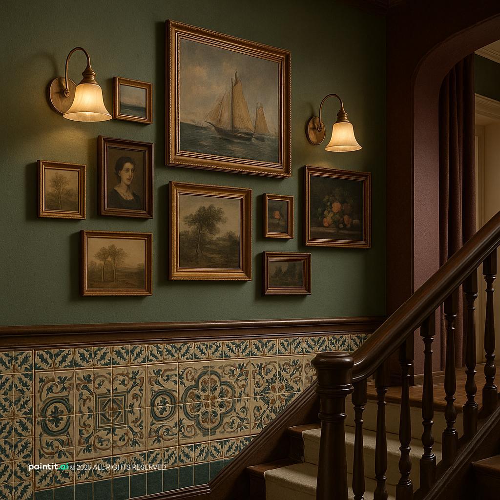Mediterranean Stairwell Design with soft light and a calm living room atmosphere.