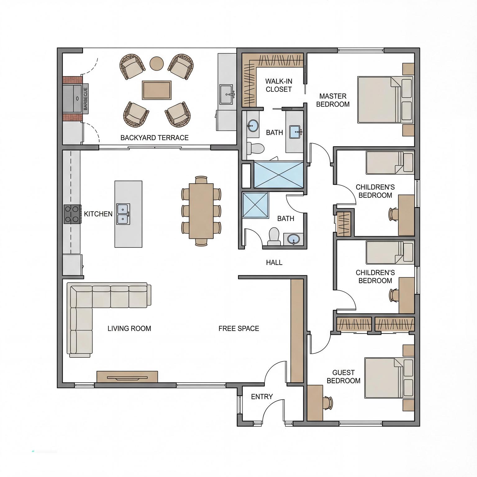 Modern One-Story House Floor Plan small zen living room