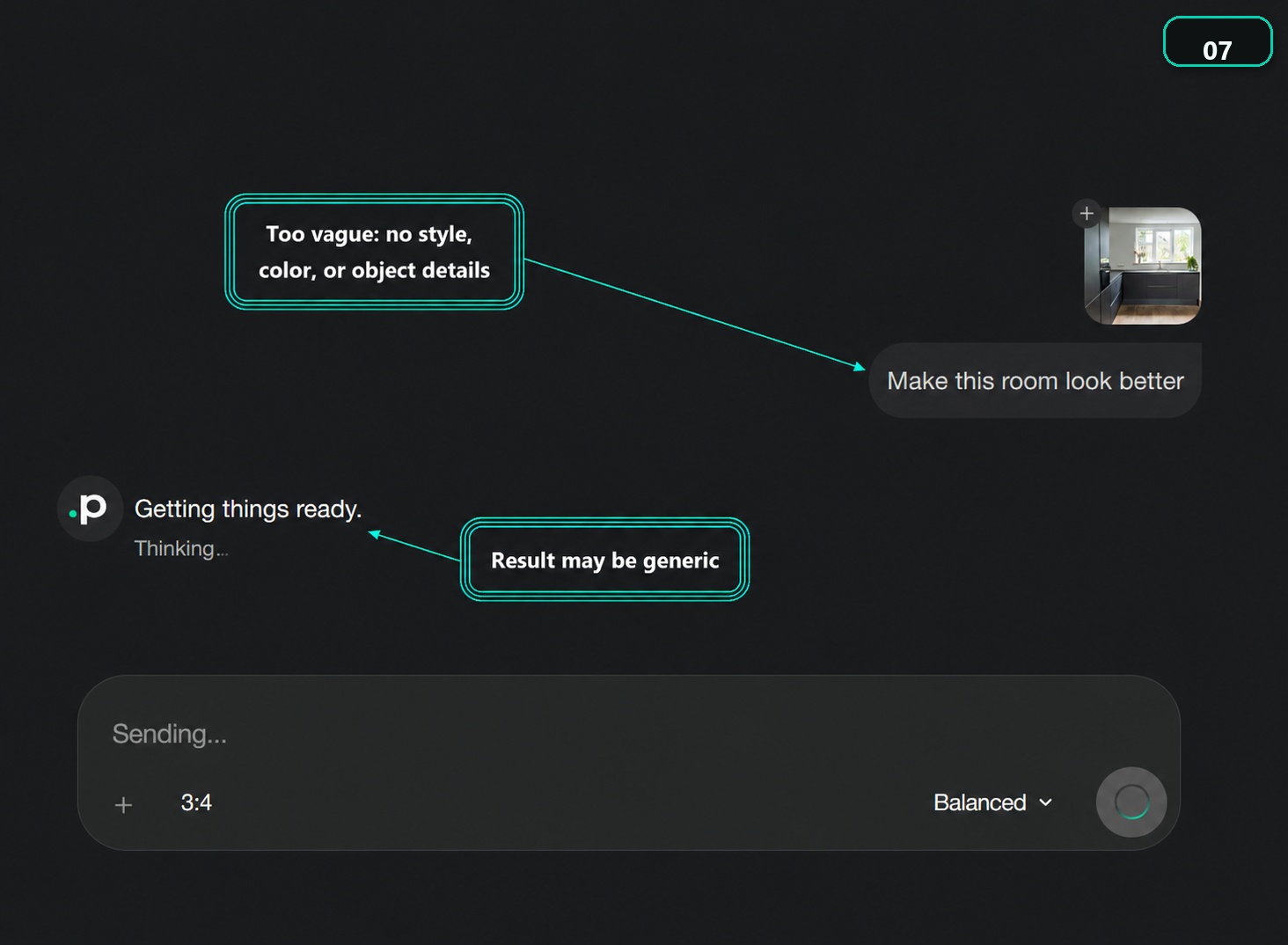 Paintit.ai chat with a kitchen image and the vague prompt "Make this room look better."