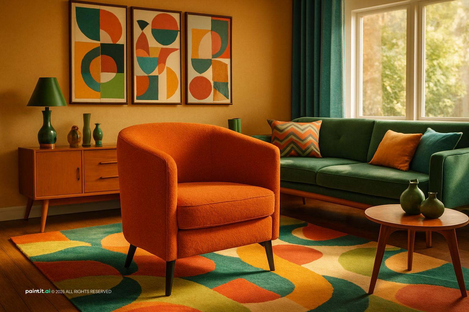 Mid-century living room with an orange wall, colourful prints and an orange armchair