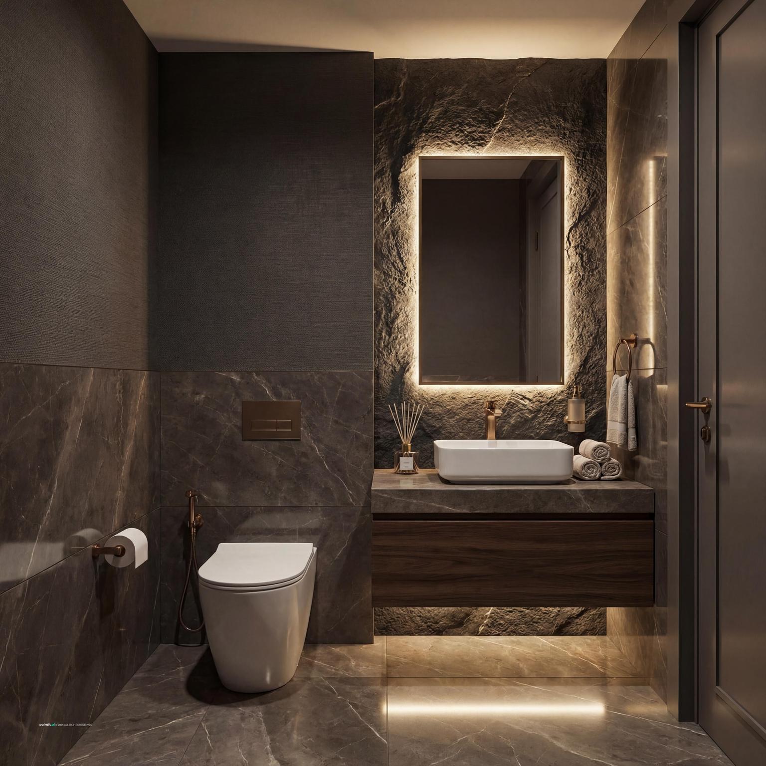 Hotel bathroom with dark stone walls, a backlit mirror, a floating vanity and a wall-hung toilet