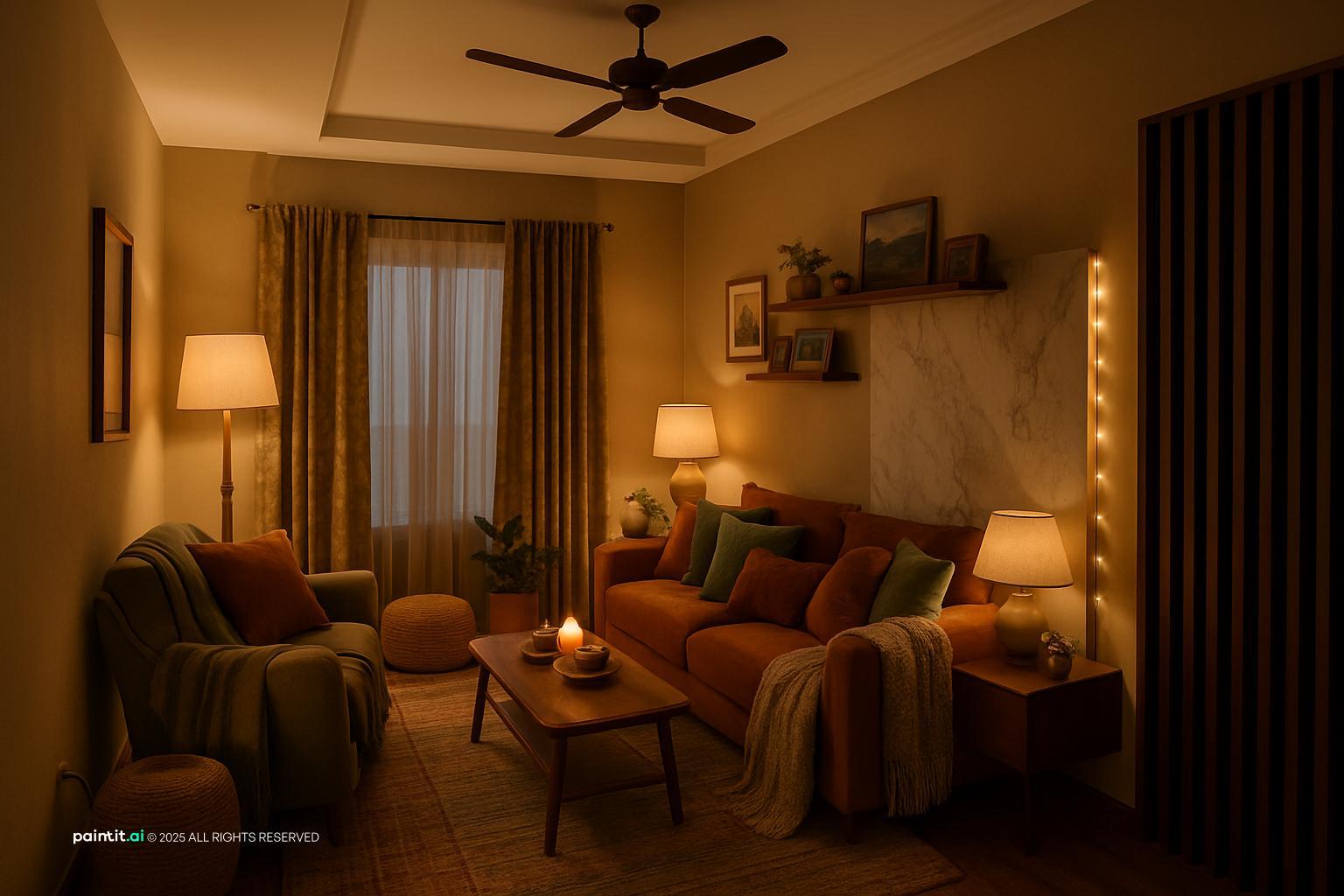 Cozy living room with warm lamps, a rust sofa, throws, a patterned rug and wooden slat panels