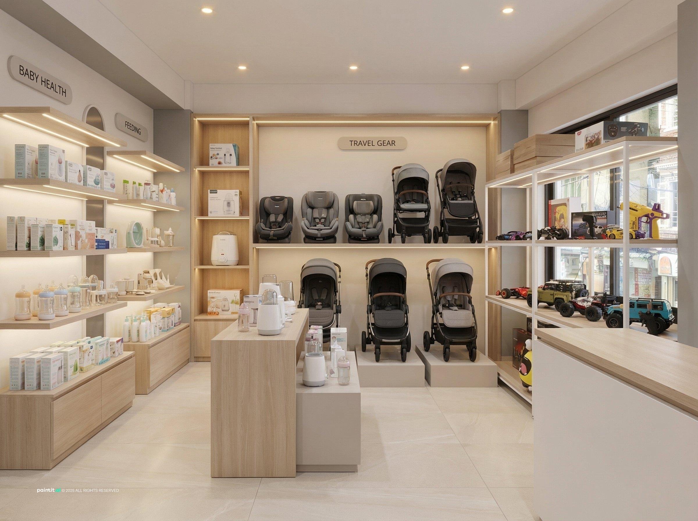 Bright store for baby and kids' products with wall shelving, strollers and a central display