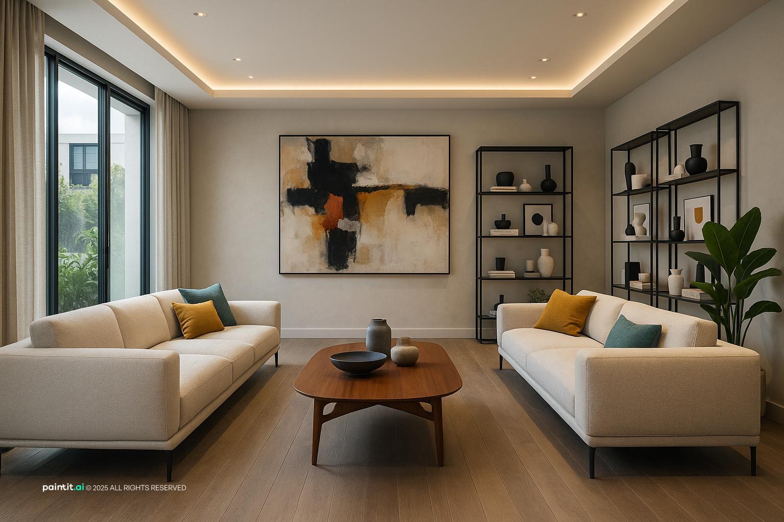 Elegant Modern Living Room Design 2025 showing grey palette, teal accents, warm wood for Teal and Grey Living Room Ideas.