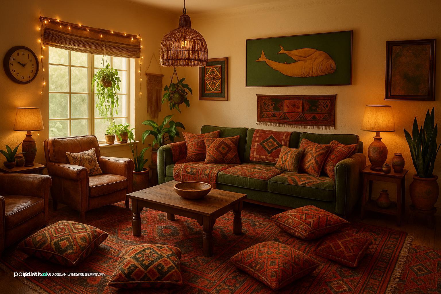 Small vintage living room with layered rugs, floor cushions, a green sofa and string lights