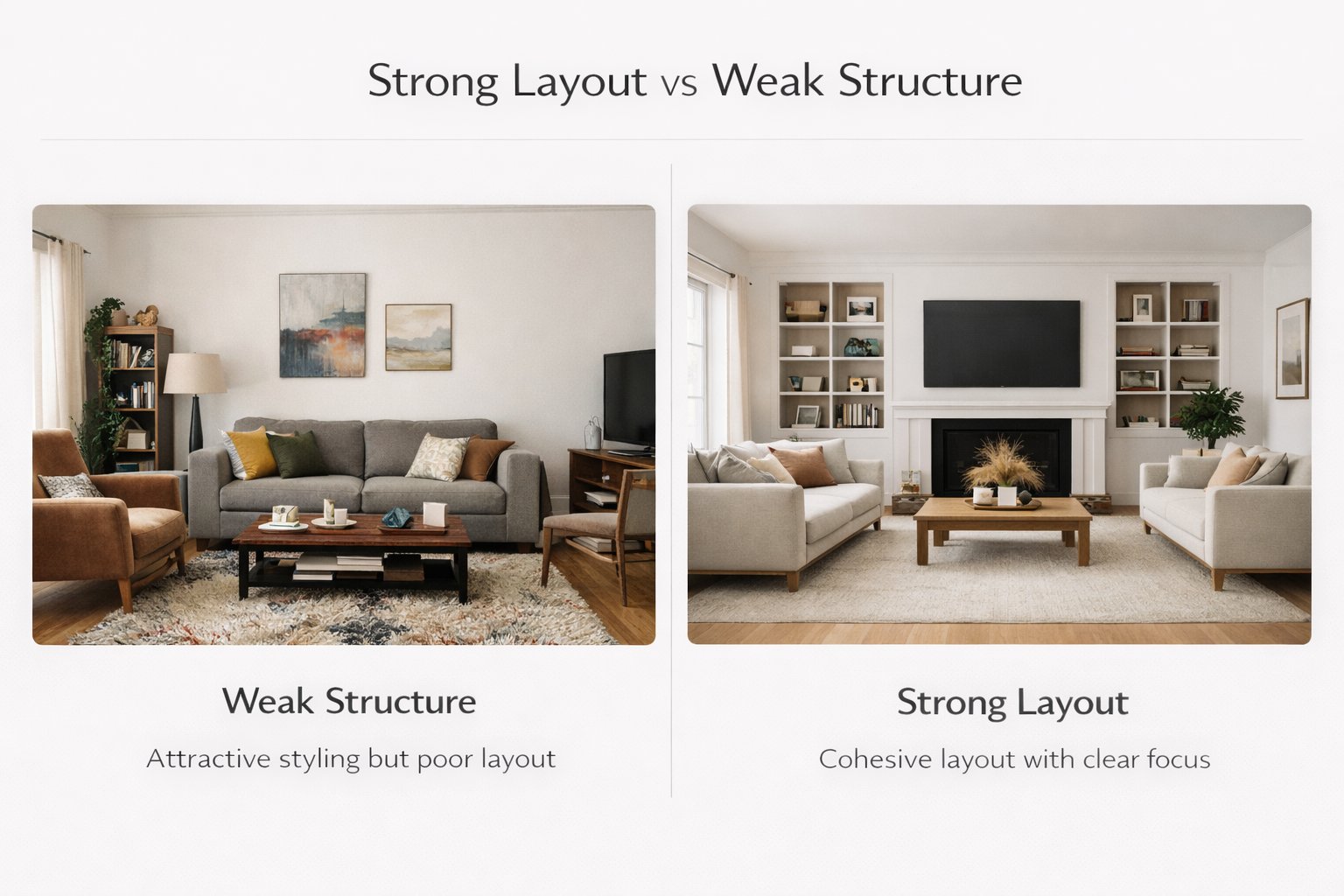 Educational comparison showing why living room redesign depends on layout, focal point, and furniture structure