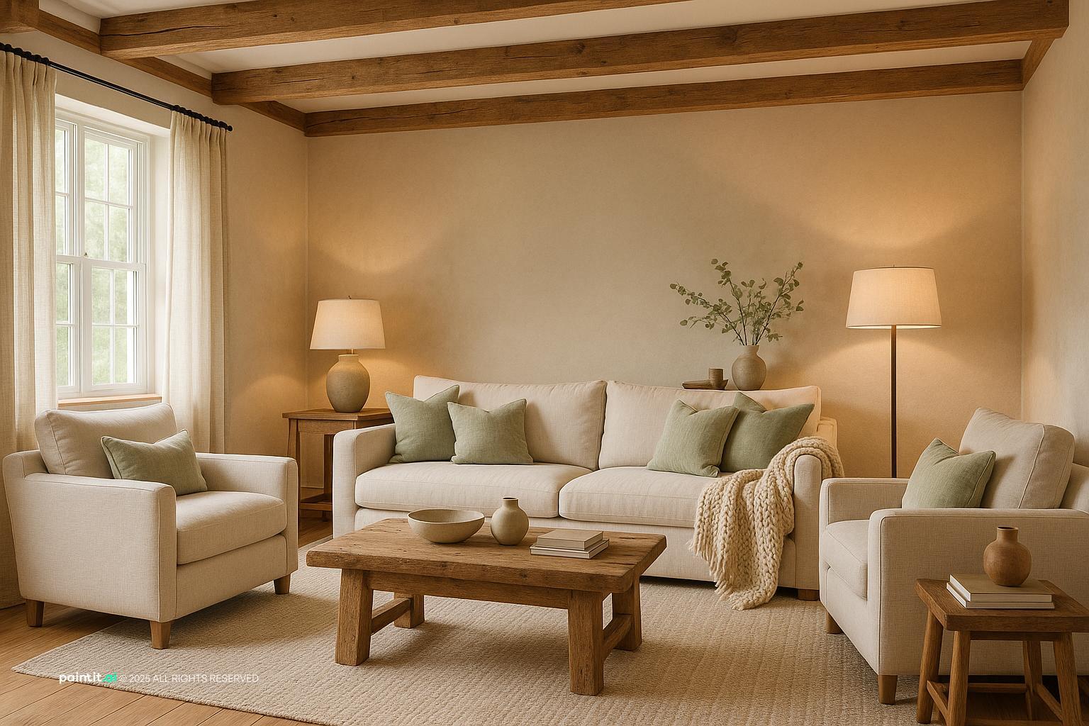Cozy Contemporary Cottage Living Room Design with oak and linen and a calm living room atmosphere.