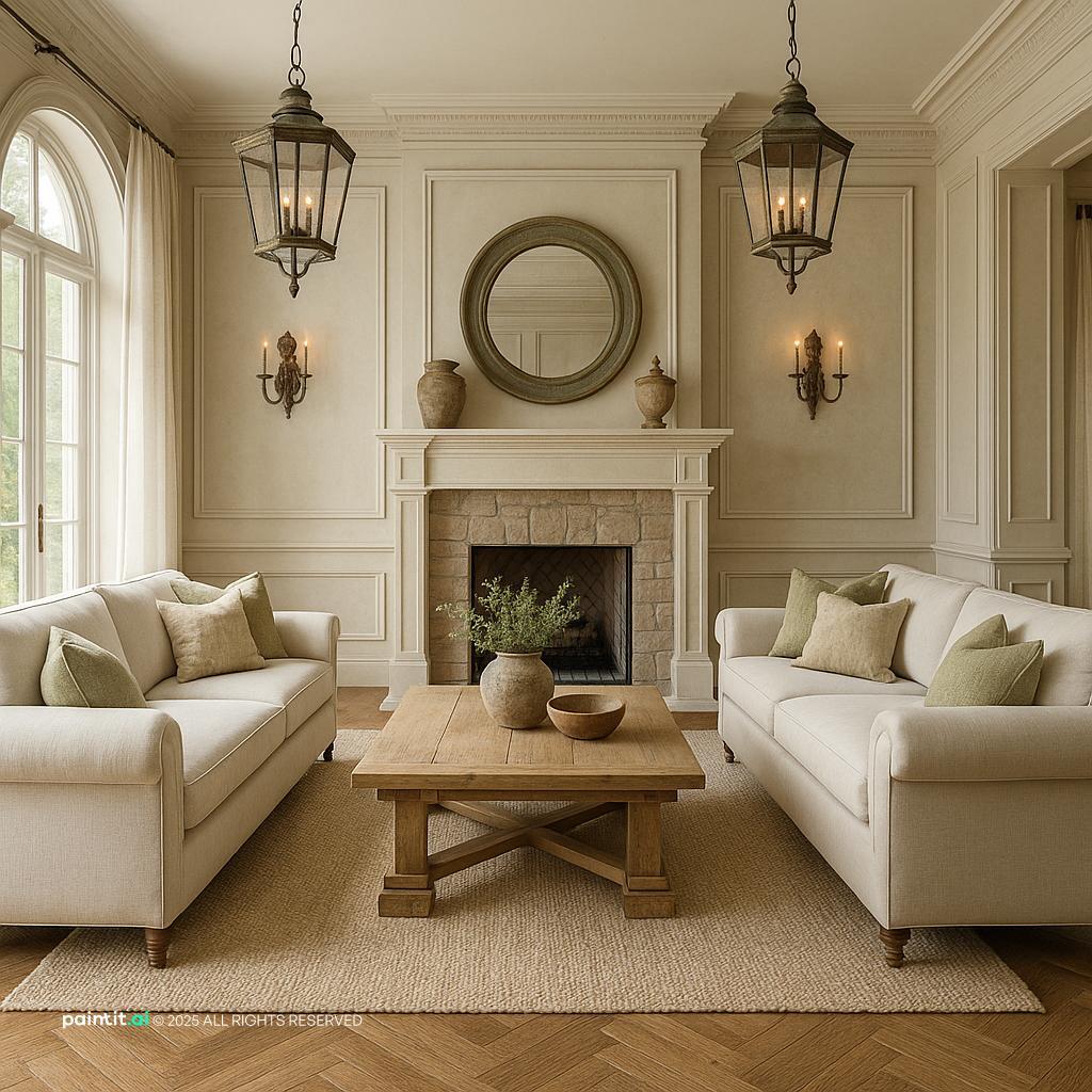 Cream Neoclassical Gray Living Room with classic gray palette and layered living room decor.
