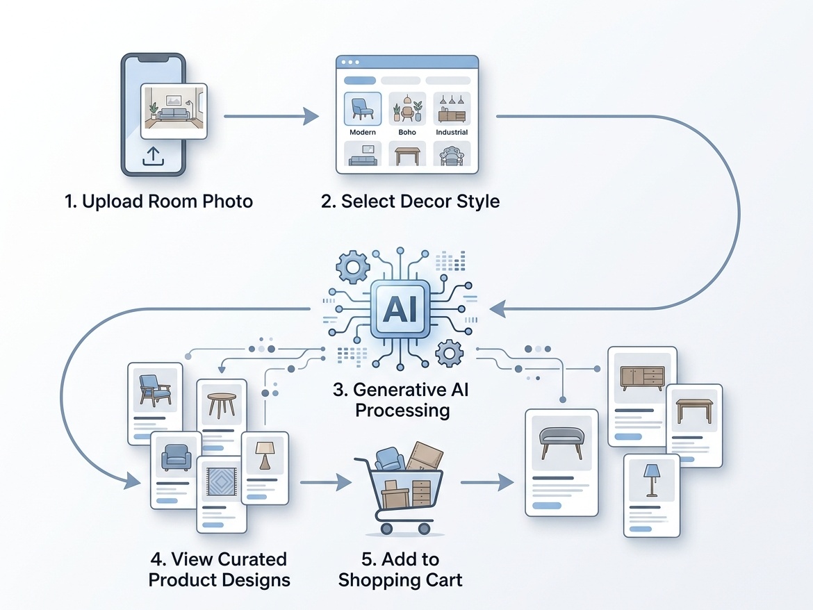 Clean infographic diagram showing the five-step agentic AI pipeline from room photo upload to product selection and autonomous checkout