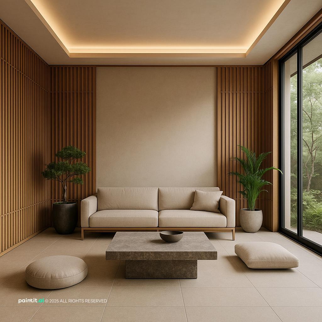 Contemporary Japanese Zen living room with slat panels, indirect lighting, and low seating.