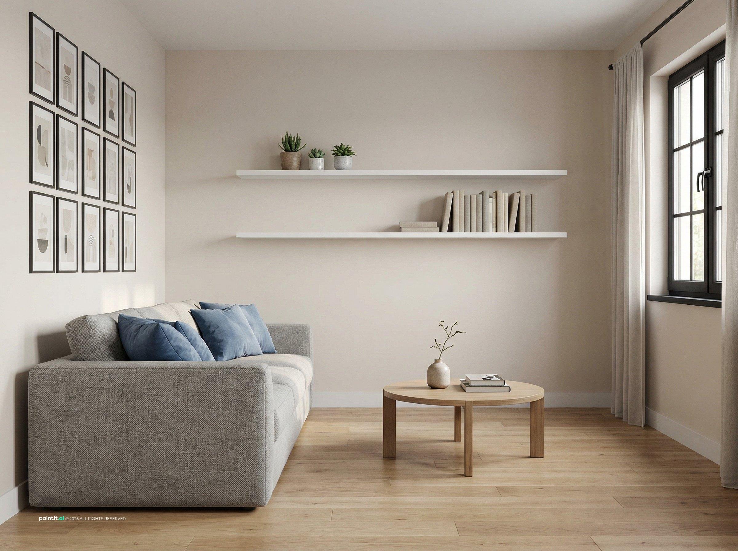 Light grey sofa with blue cushions, floating shelves and a framed print grid