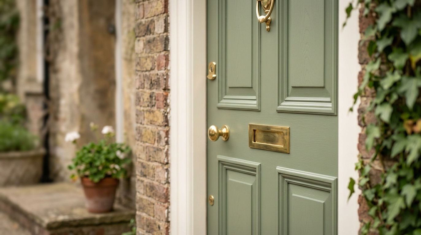 close-up of a freshly painted wood front door in warm sage green, natural grain texture visible at the edges