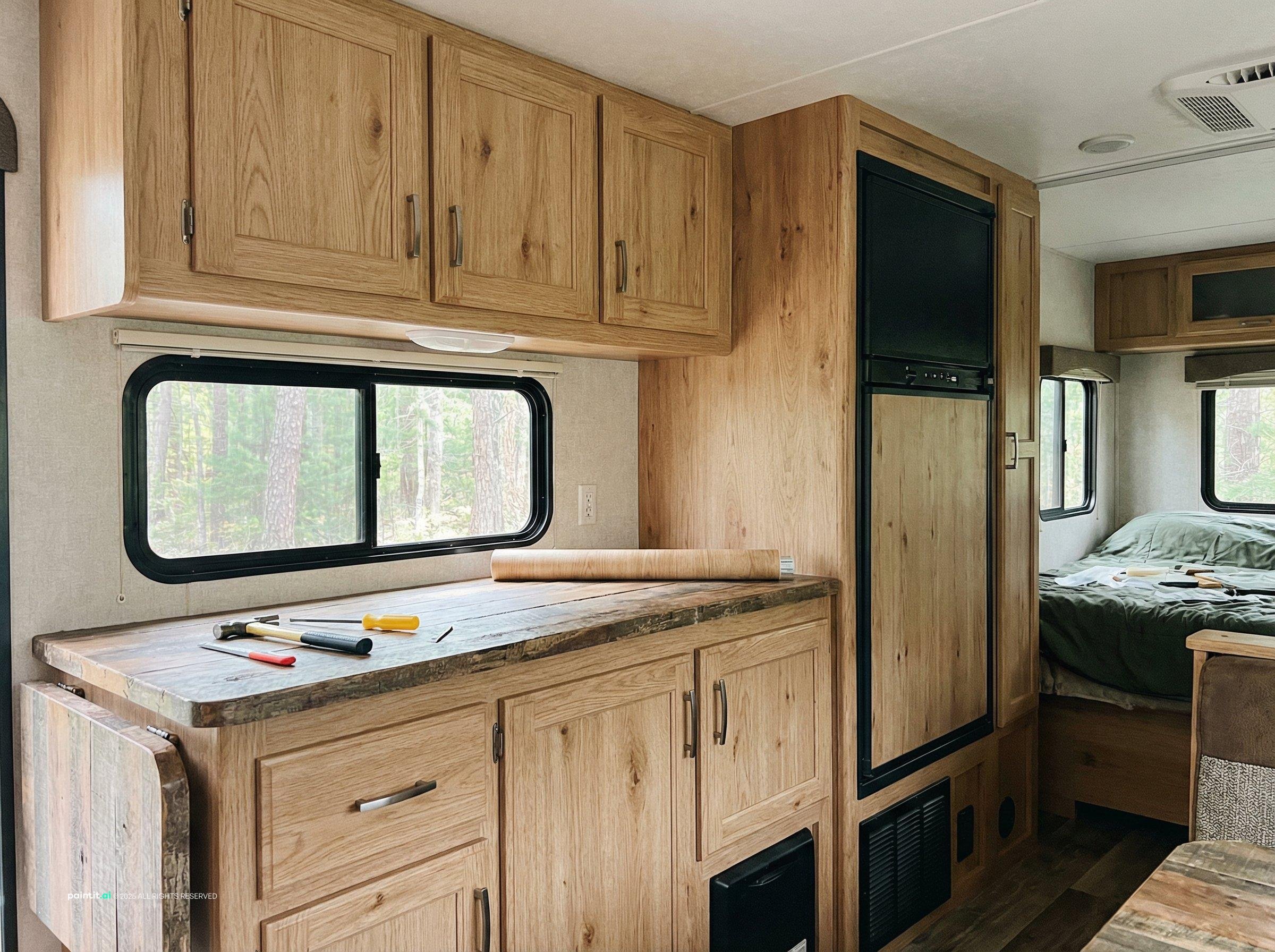 RV kitchen with cabinets covered in wood-grain contact paper