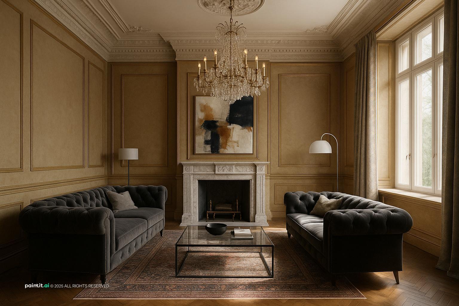 Elegant Neoclassic Living Room Design showing grey palette, yellow accents, natural light for Yellow and Grey Living Room Ideas.
