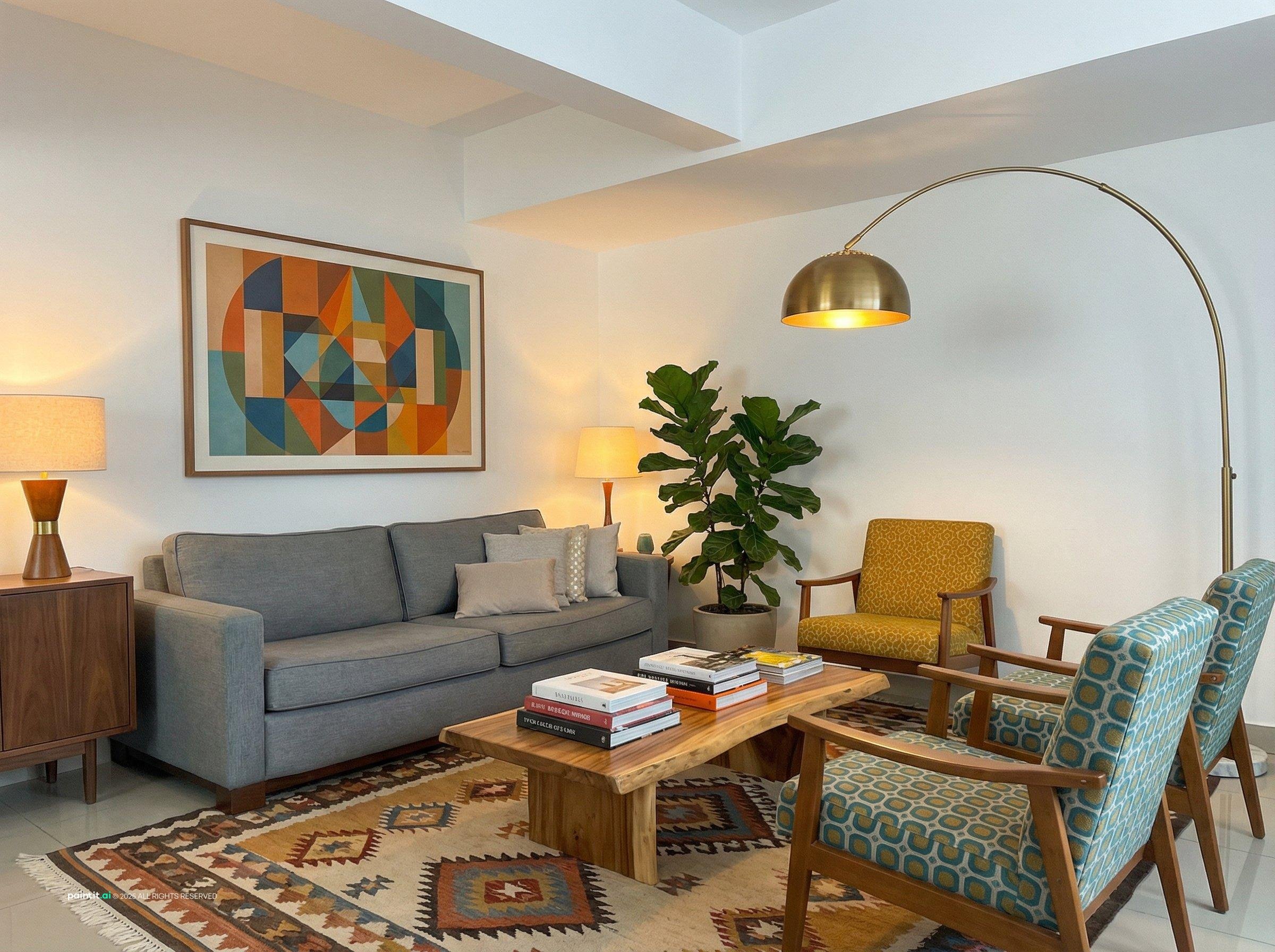 Living room with a grey sofa, a mustard armchair, a kilim rug and a geometric painting