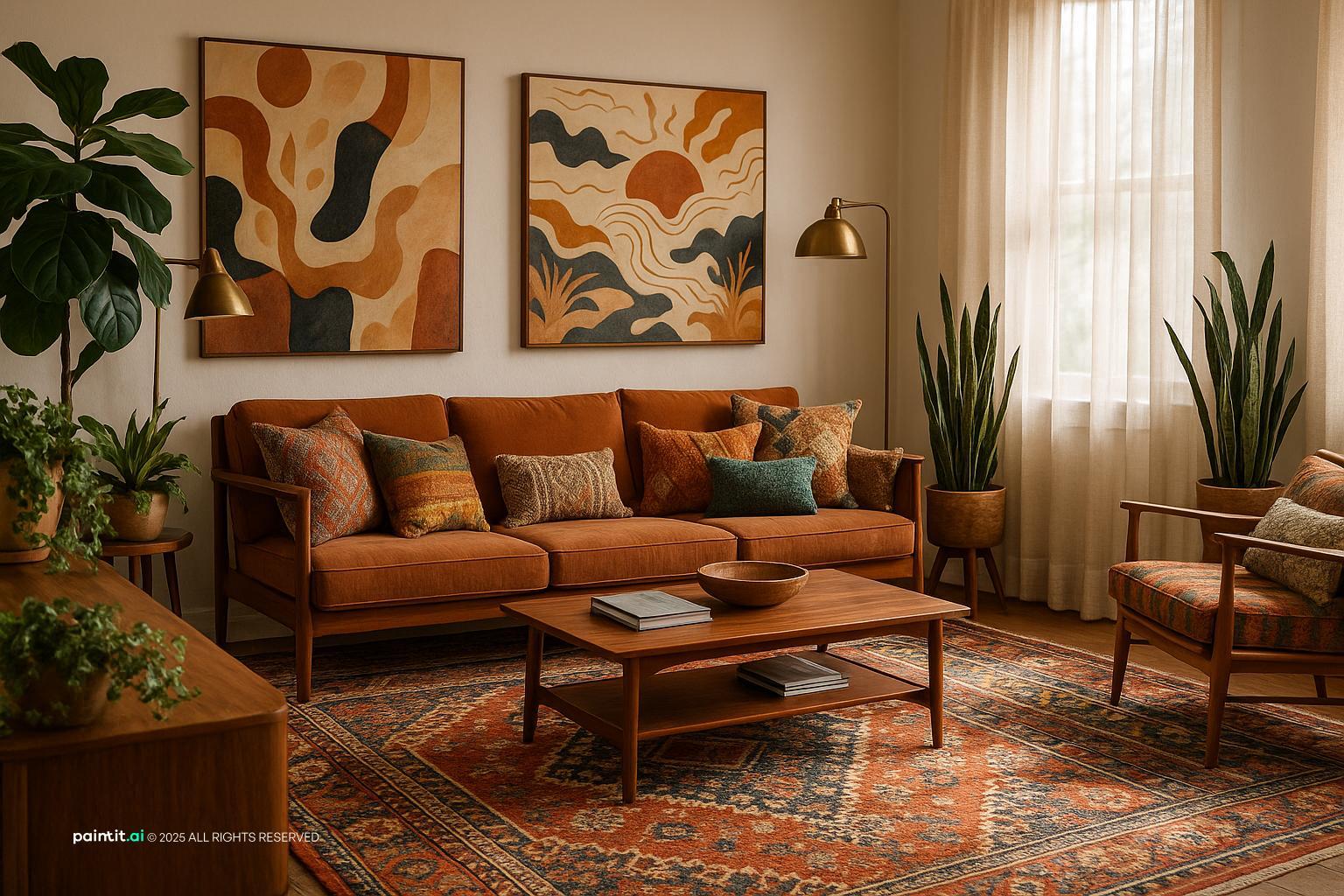 Whimsical living room with bold abstract paintings, an orange sofa, patterned cushions and plants