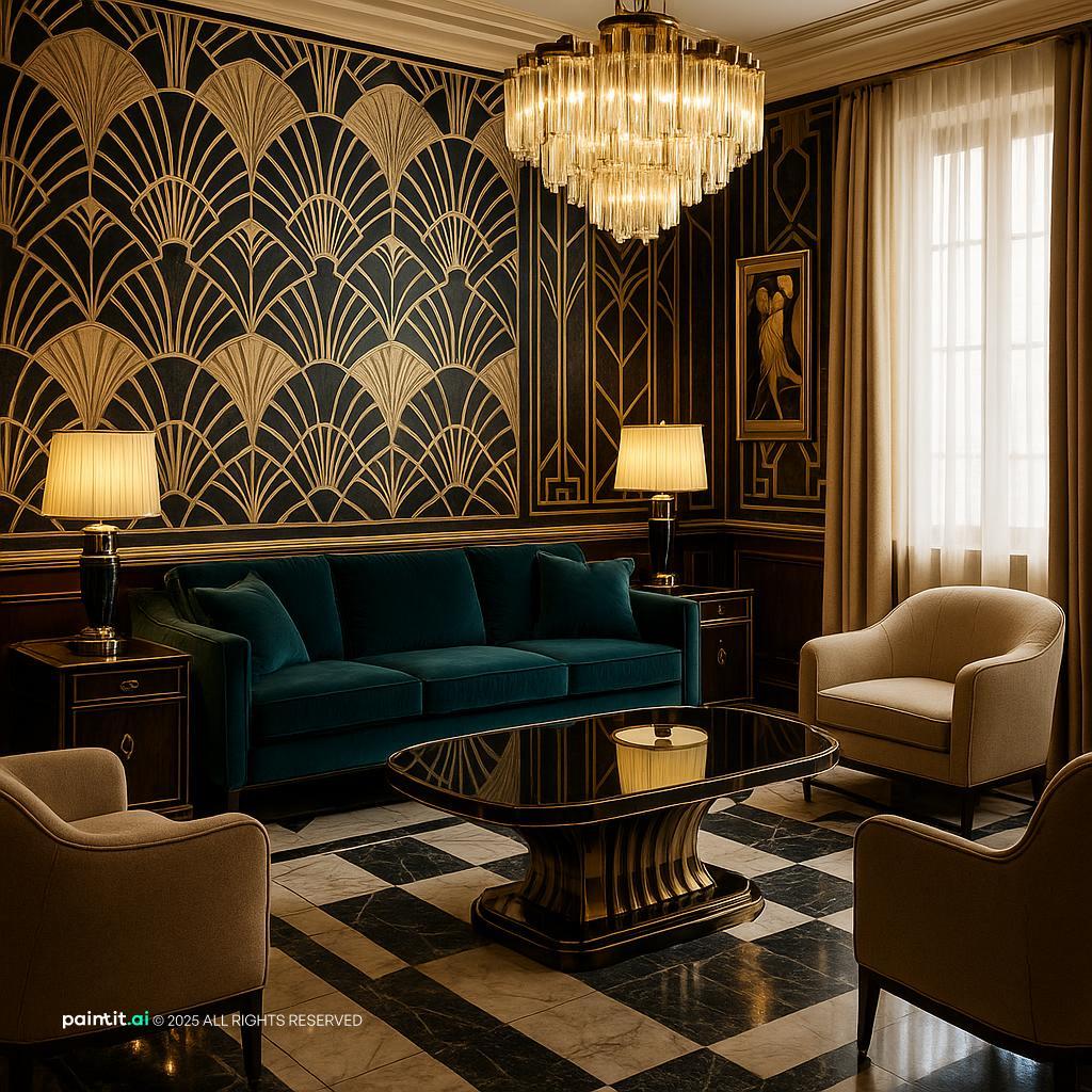 Chic Art Deco Living Room Design showing black contrast, cream tones, metal accents for Black and Cream Living Room Ideas.