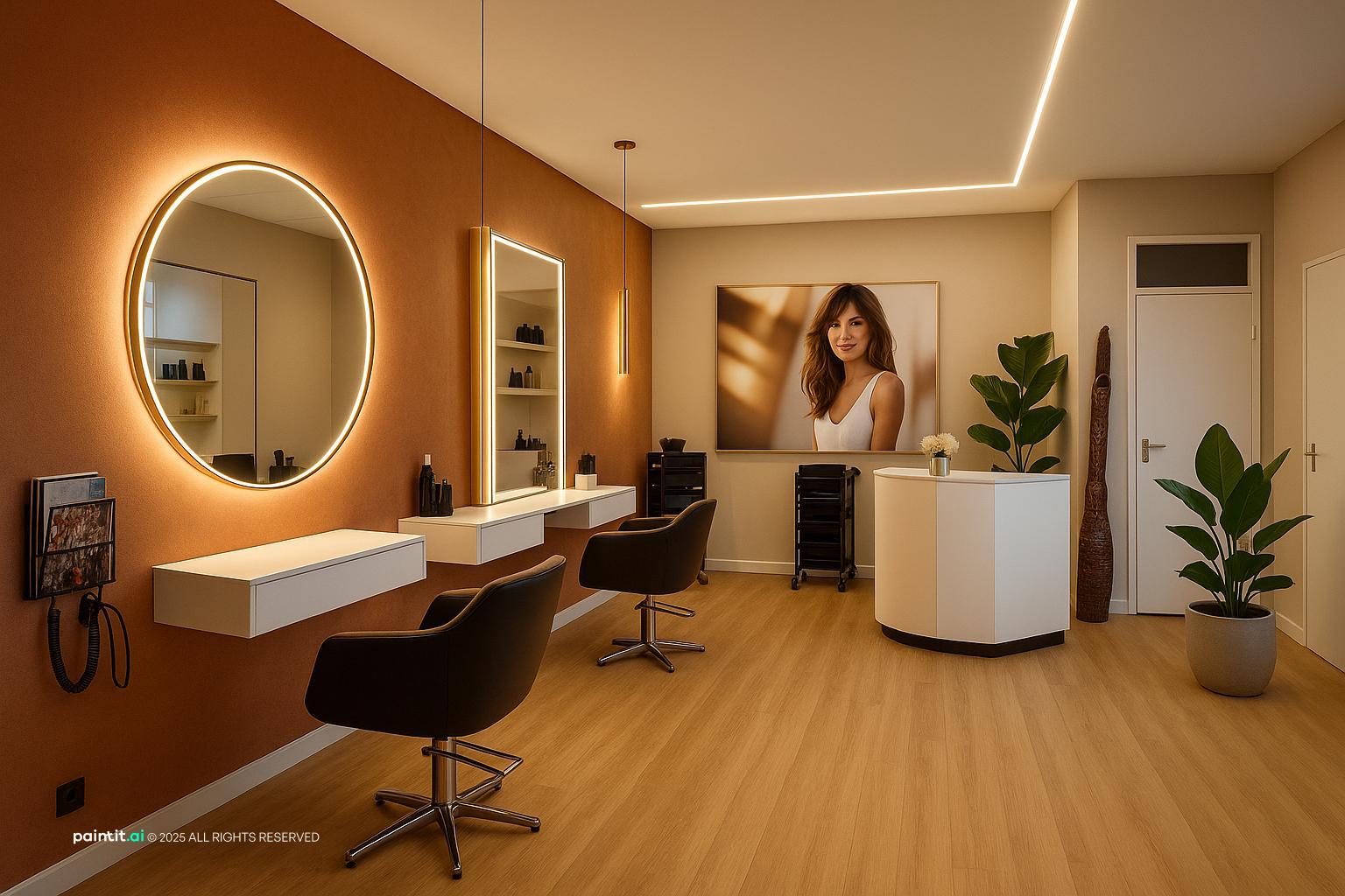 Hair salon with a backlit round mirror, terracotta feature wall, black chairs and a white reception counter