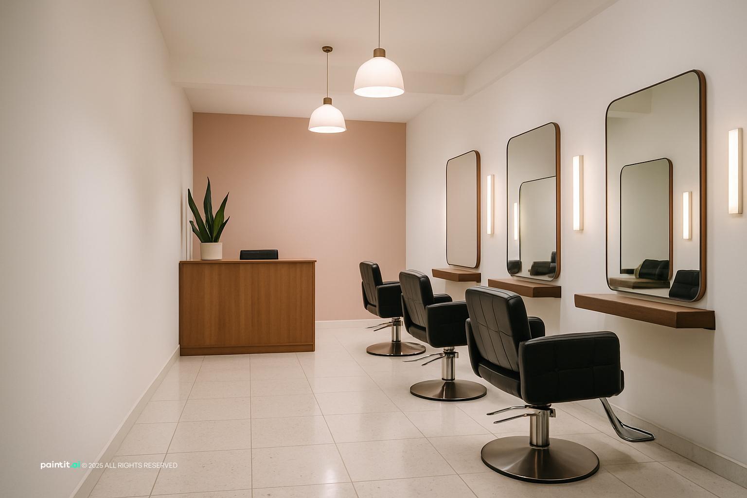 Minimal hair salon with white tile floor, black styling chairs, large mirrors and a wooden reception desk