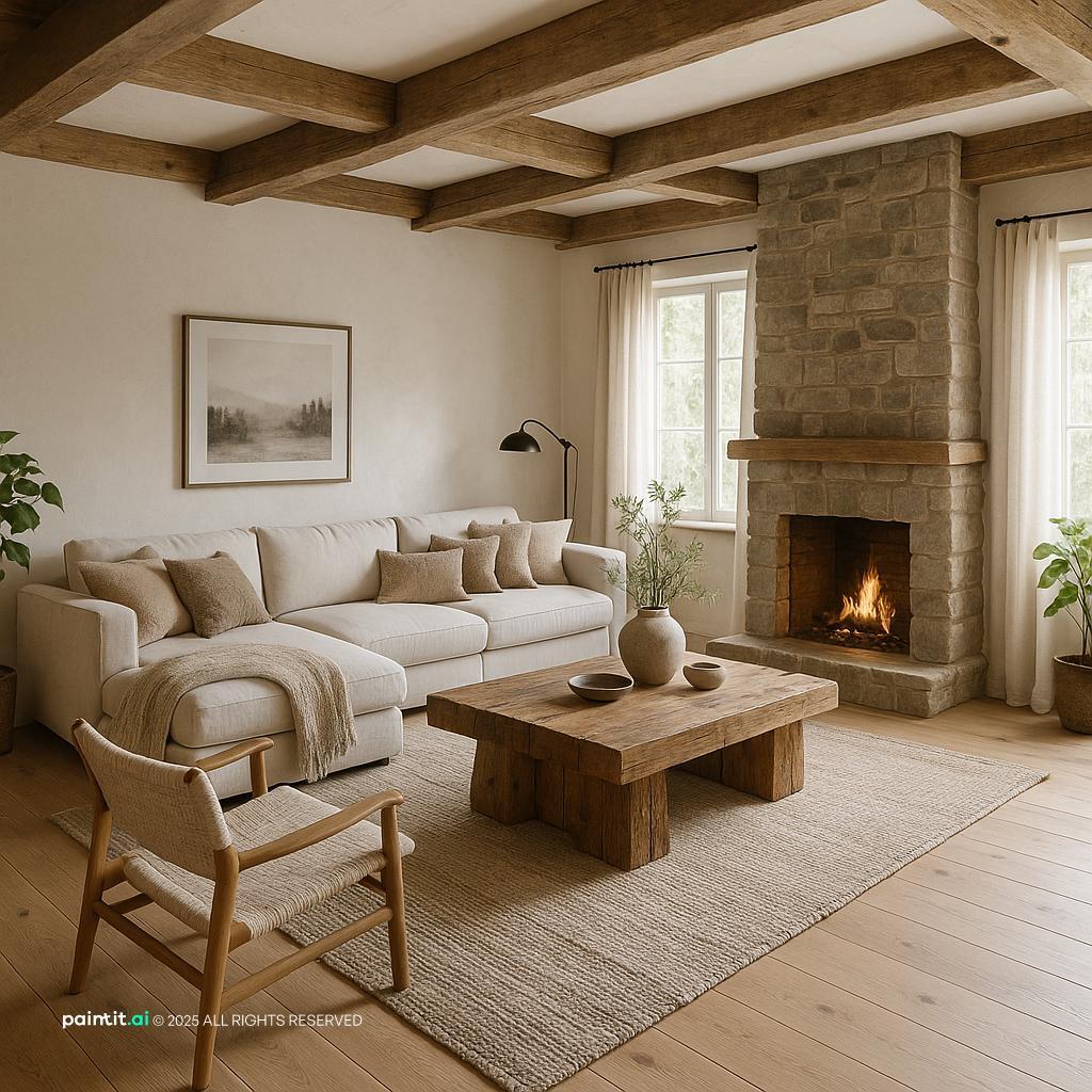 Rustic Scandinavian Living Room Design with neutral palette and light oak and a calm living room atmosphere.