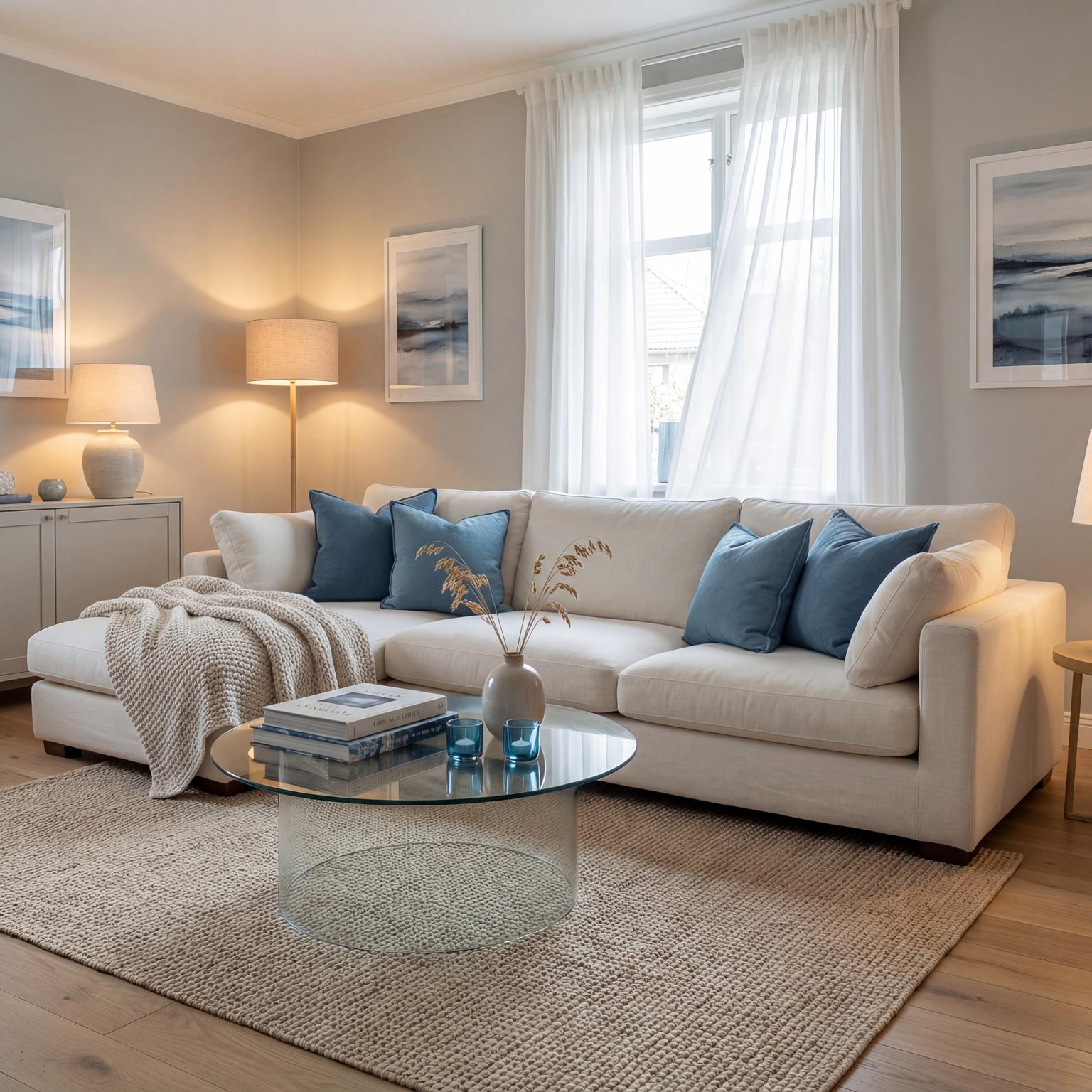 Cozy Living Room in Repose Grey and Oceanside Blue navy blue and burnt orange living room