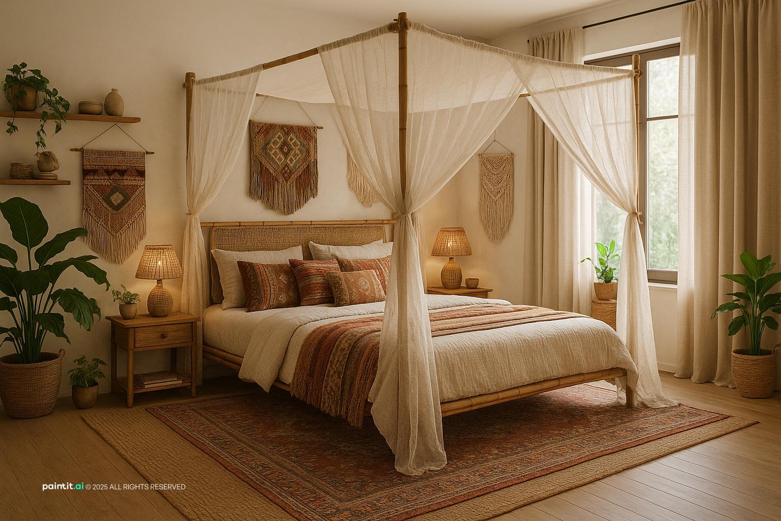 Boho Canopy Bedroom with Rattan Accents for Bohemian Style Interior Design Characteristics