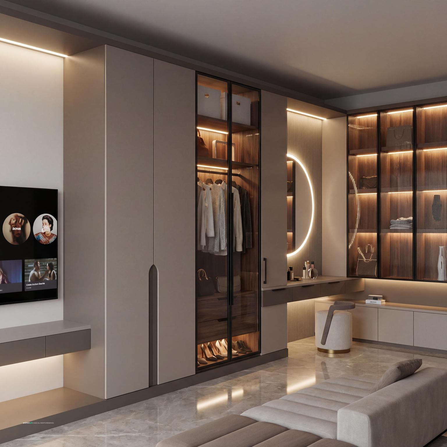 Built-in wardrobe with smoked glass doors and lit wood shelving above a polished marble floor