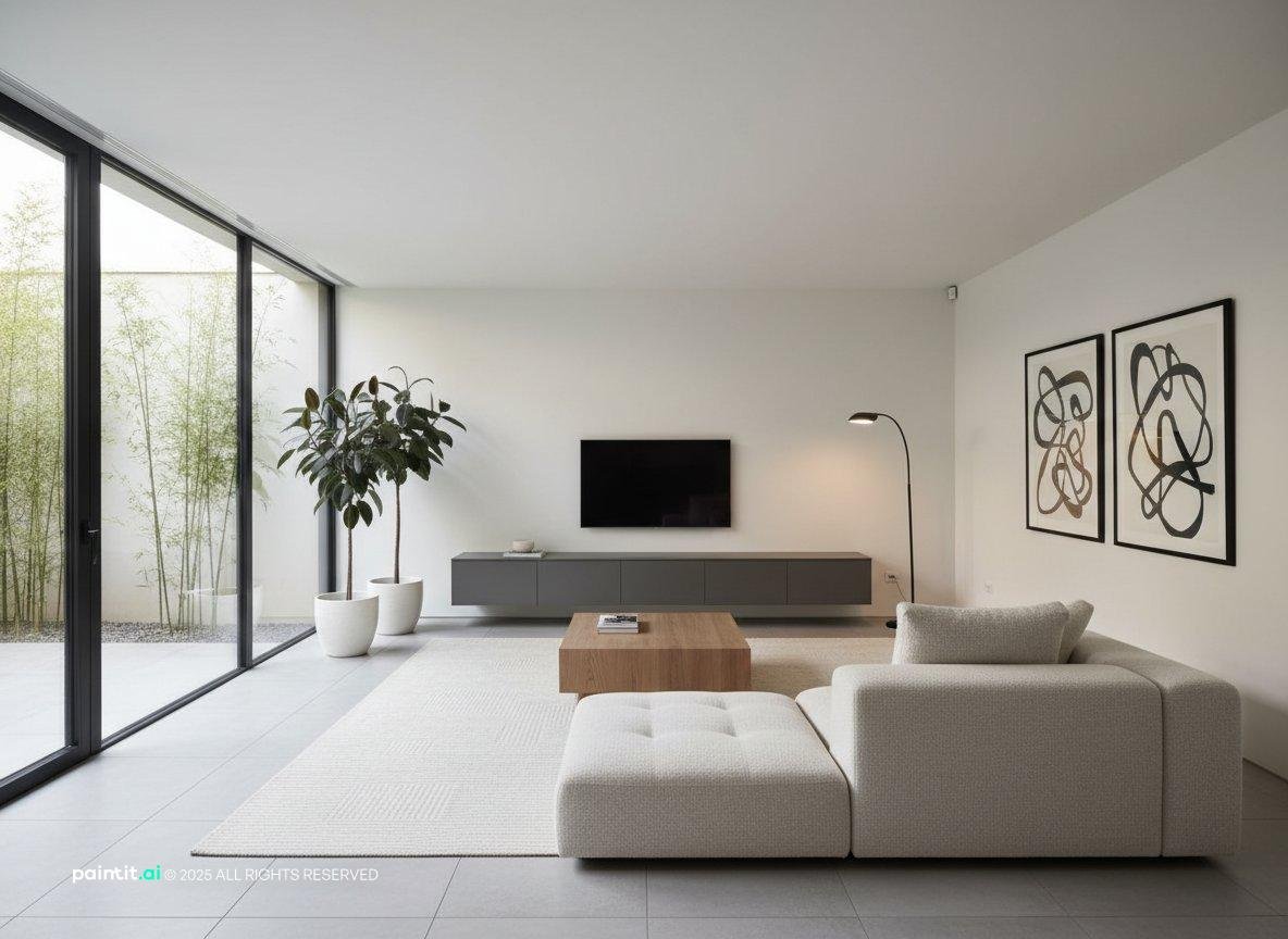 Minimalist living room with white walls, a white sofa, a gray TV bench, a wooden coffee table and large windows