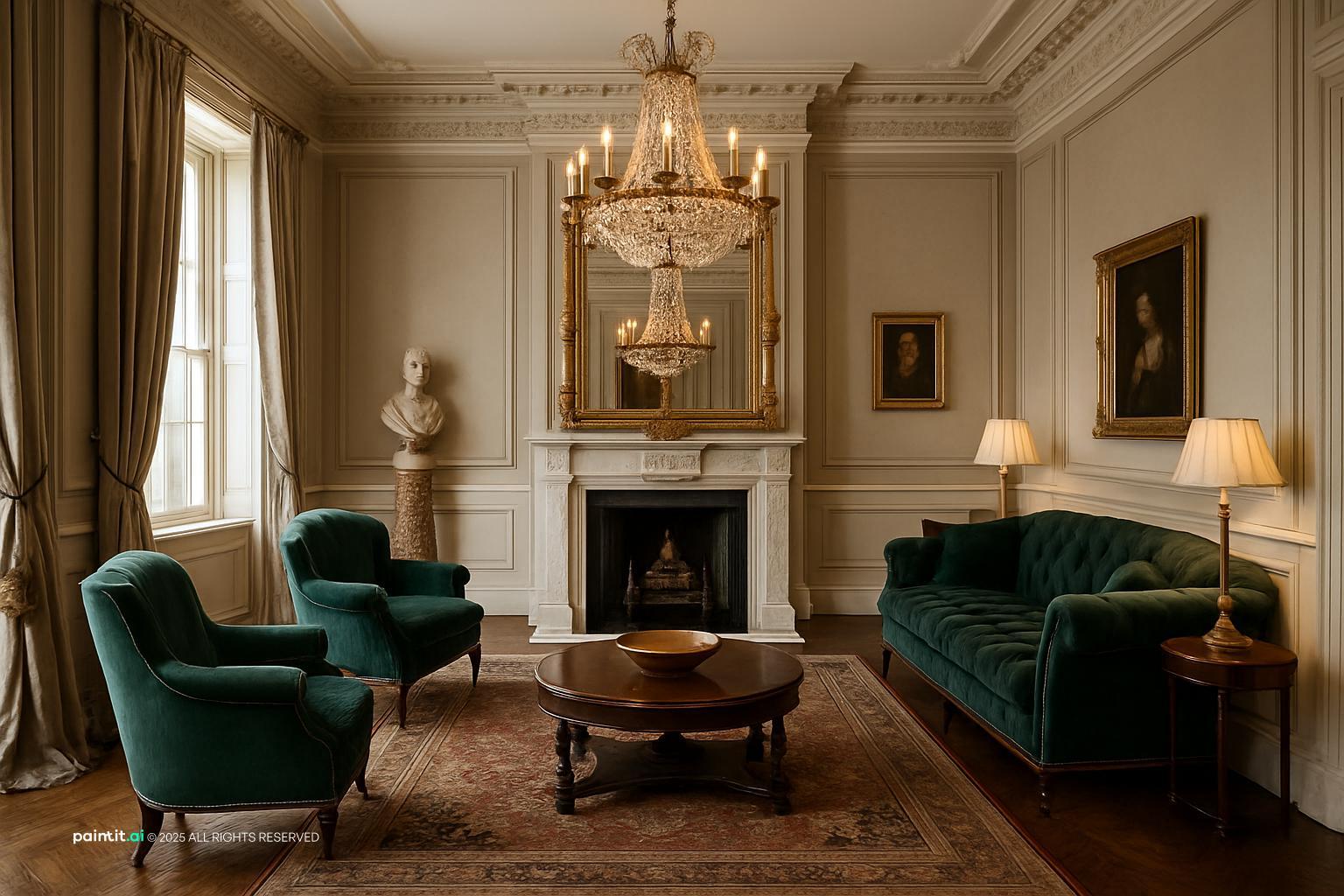 Victorian Dark Green Living Room Design with daylight and cream and a calm living room atmosphere.