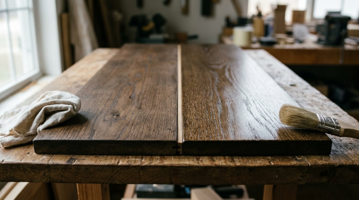 side-by-side comparison of two painted wood sample boards, one finished with soft matte clear wax and a cloth beside it