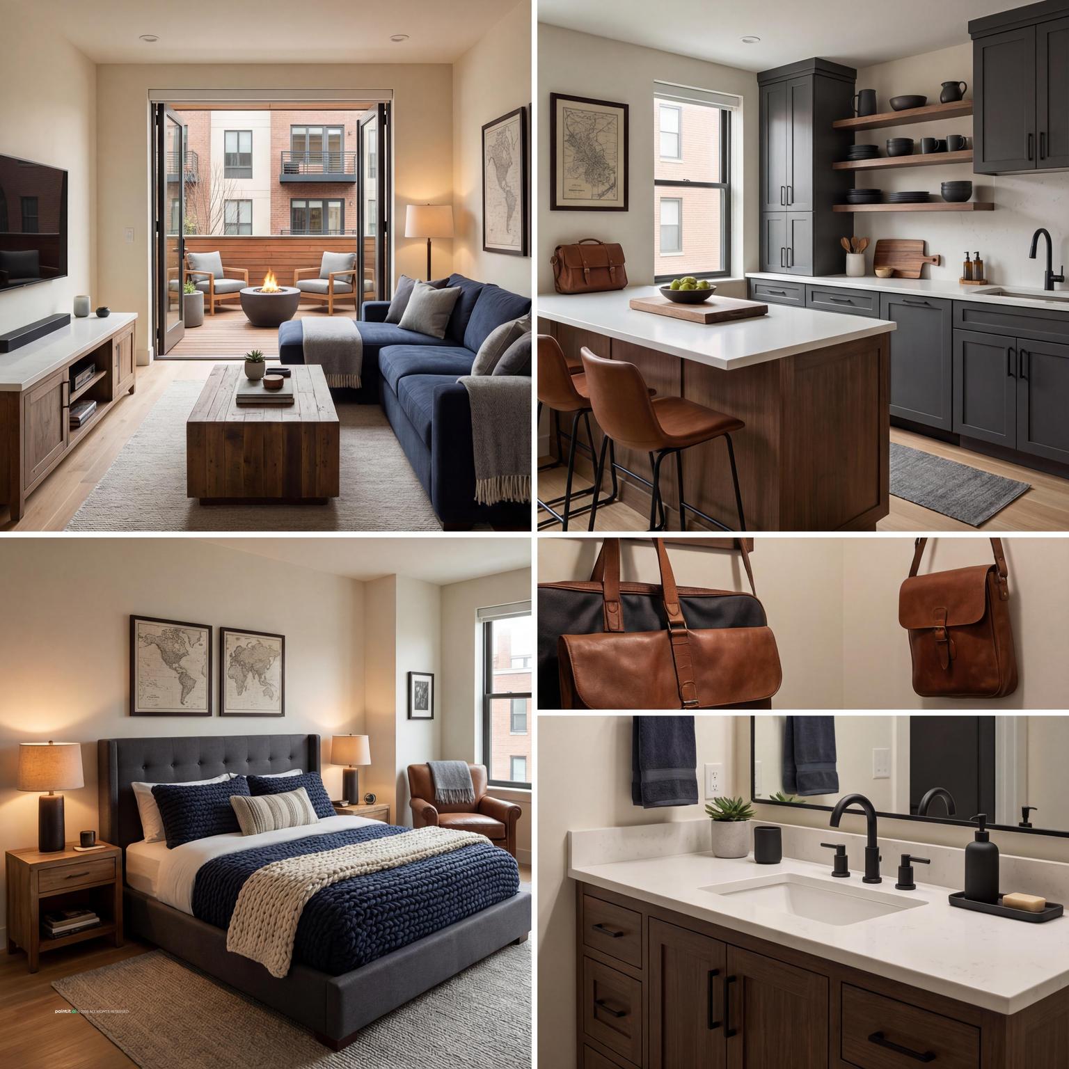 Cozy 2-Bedroom Apartment Design for Bachelors navy blue and burnt orange living room
