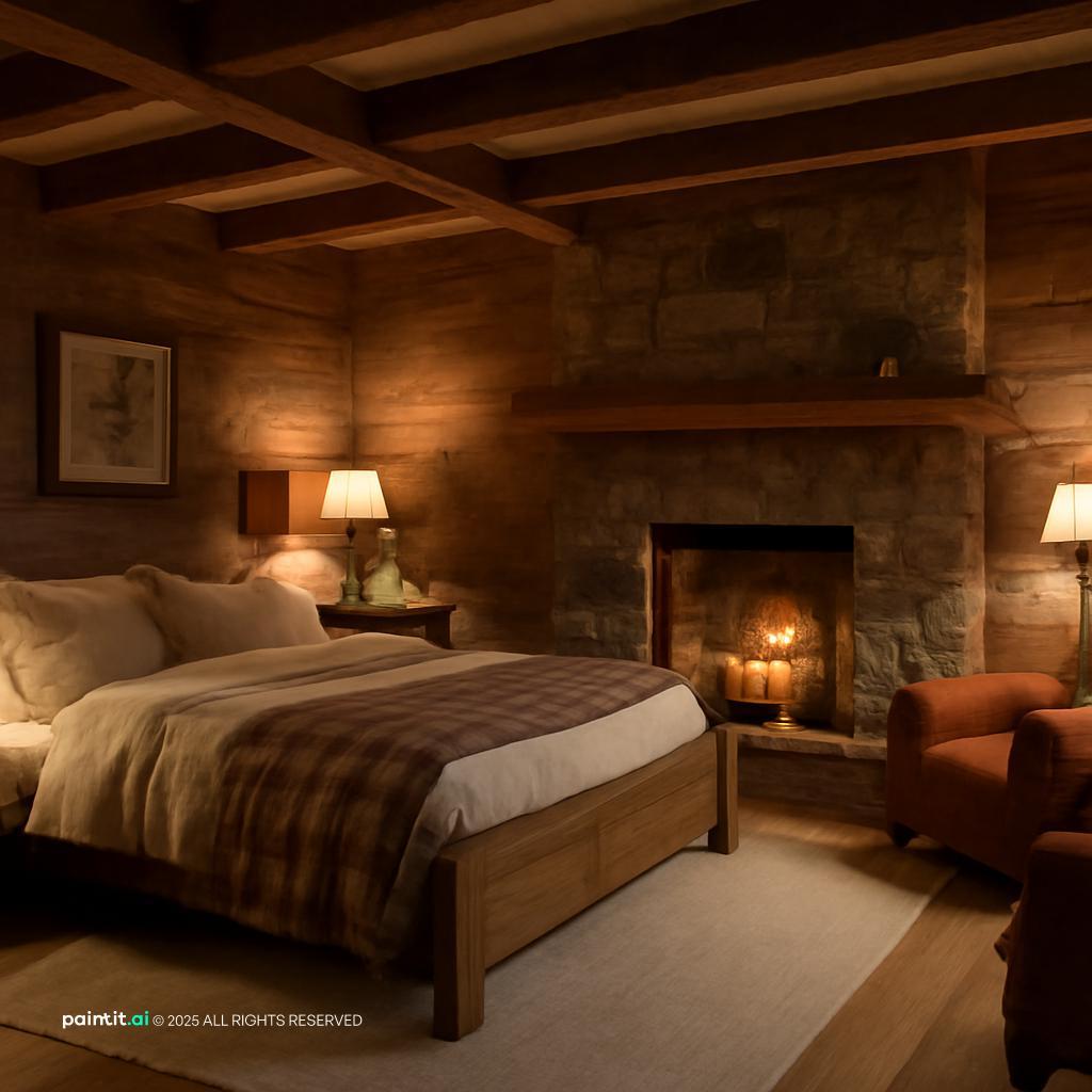 Rustic cabin bedroom with a stone fireplace, wood beams, a plaid bed throw and warm lamps