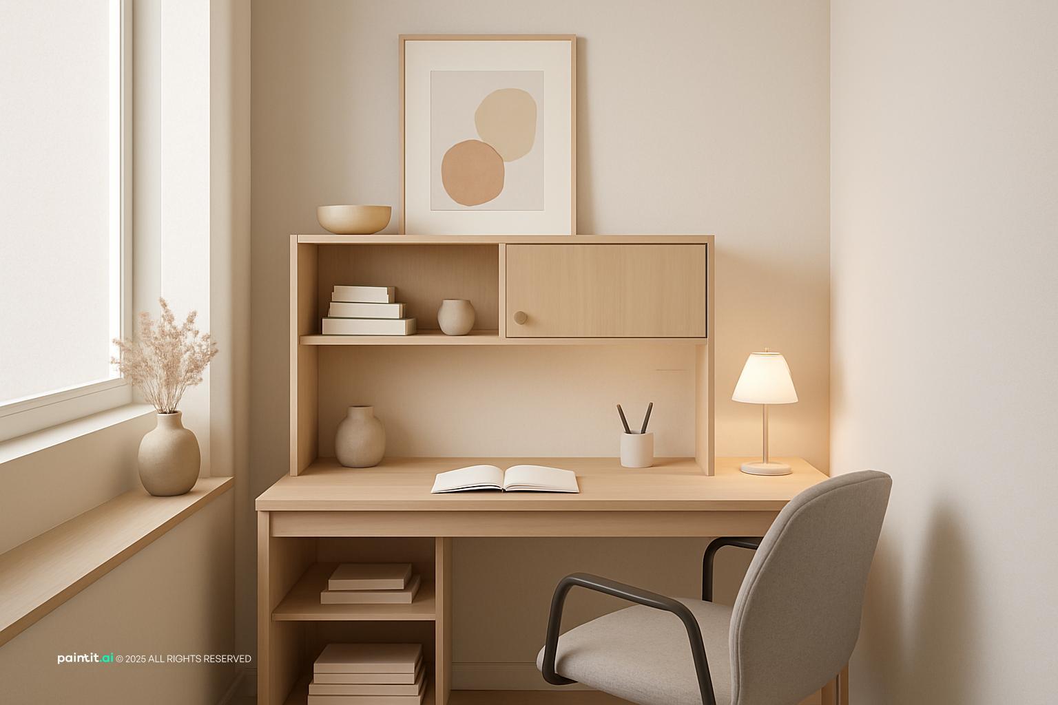 Compact office corner with a light wood desk, open shelving and a simple chair