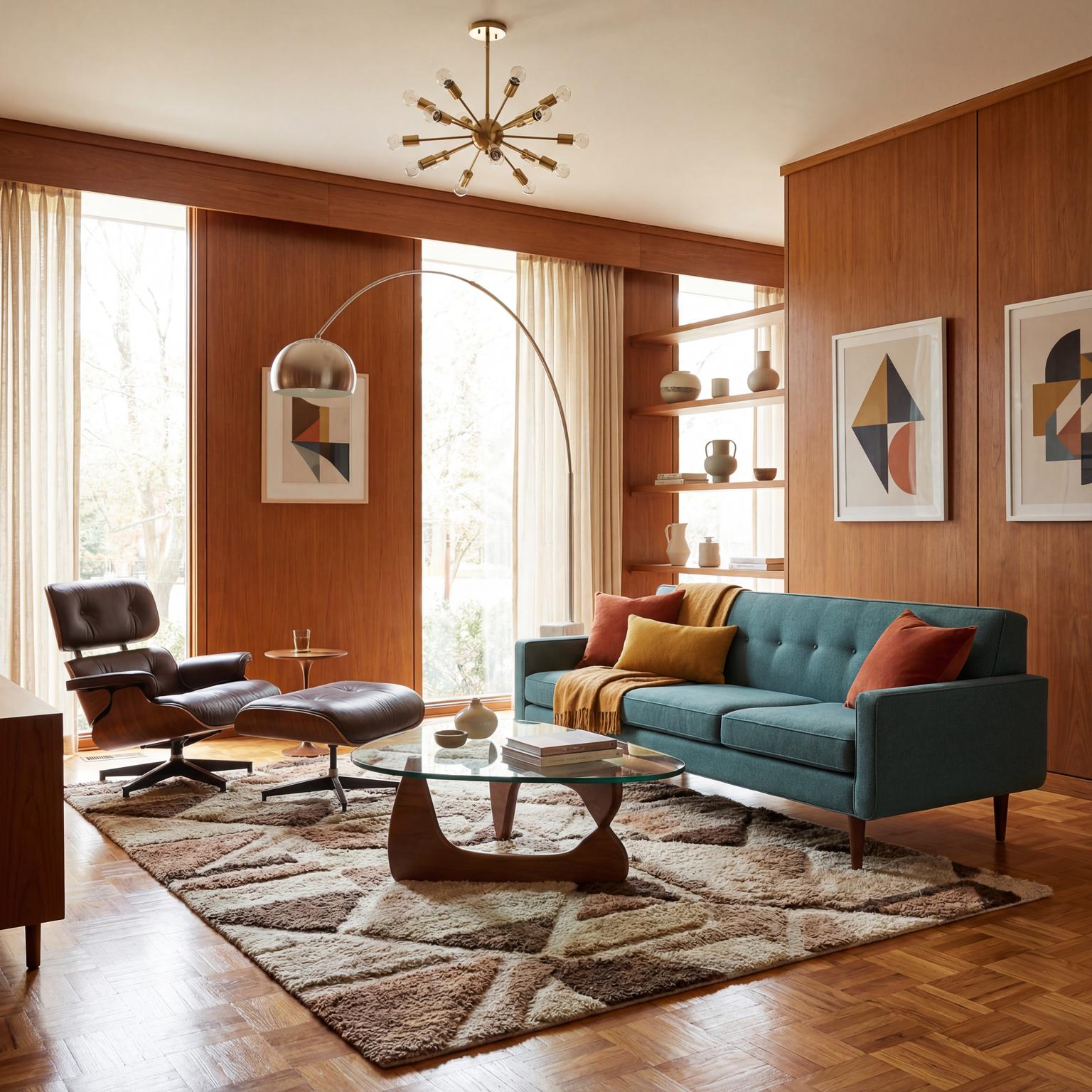 Midcentury modern 1940s living room featuring simple, functional furniture, warm wood finishes, and classic vintage accents.