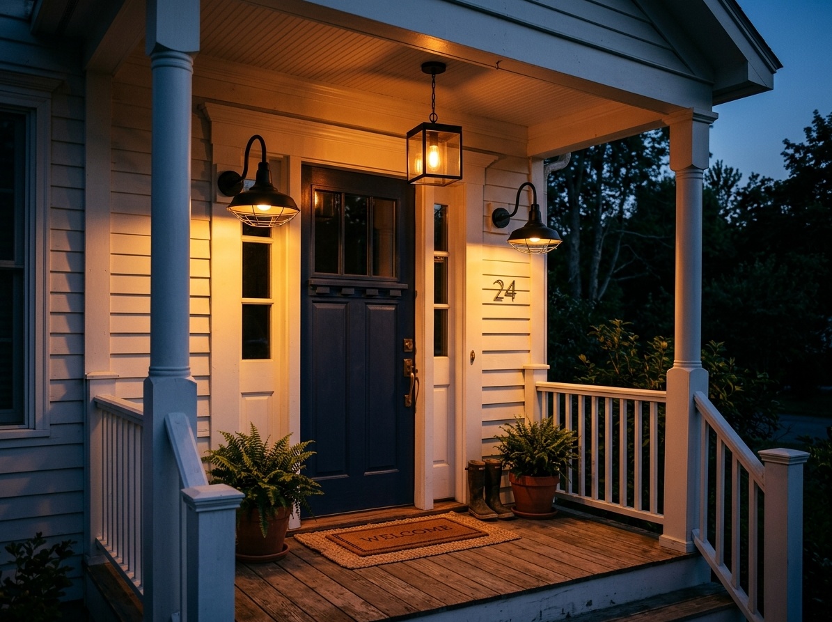Front porch at dusk with black industrial gooseneck sconces  and a hanging lantern casting warm amber light at the entry
