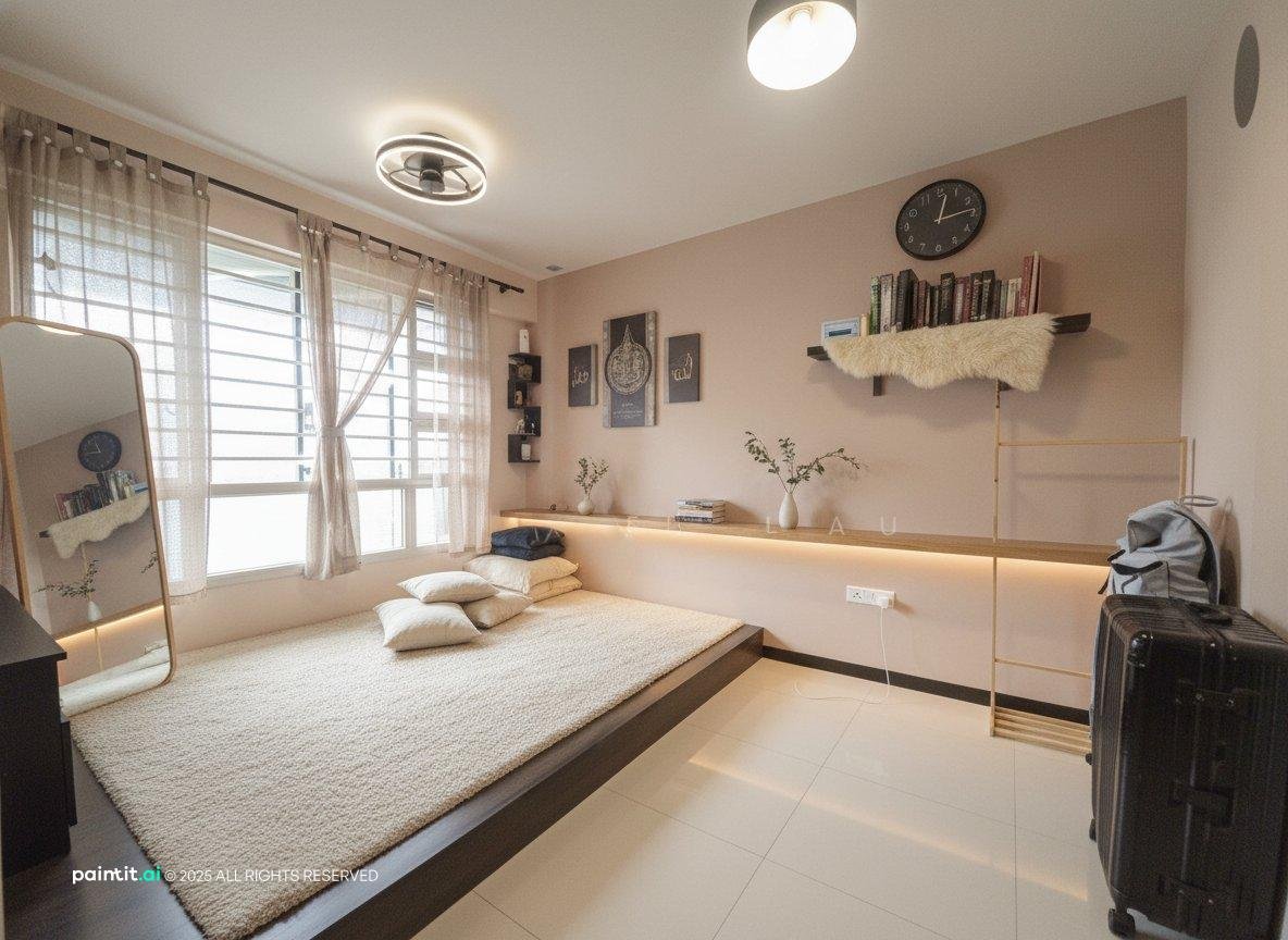 Minimal Japandi living room with a low platform seat, soft neutral walls and a round wall clock
