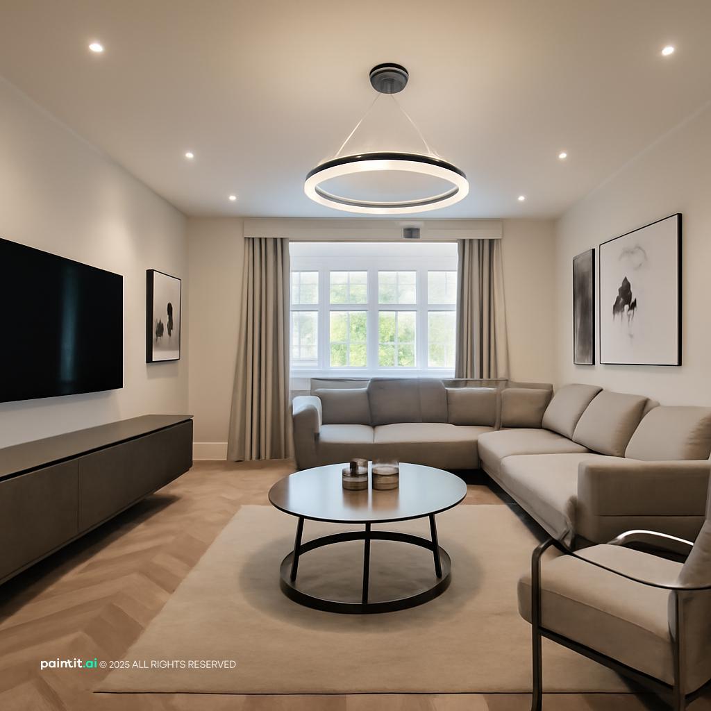 Grey sectional with a black round coffee table, a ring pendant and a TV wall