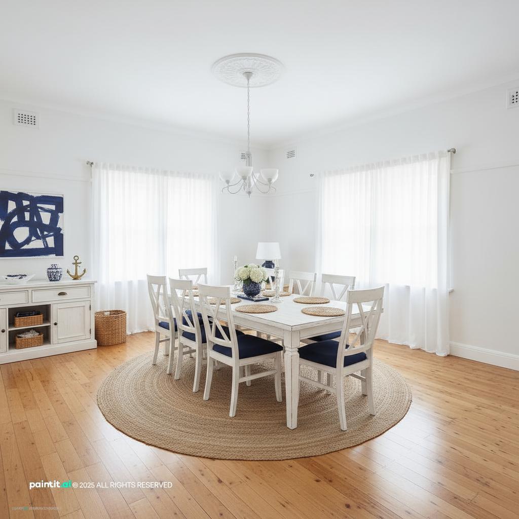 New England coastal Colonial interior with painted wood navy accents and natural light 6