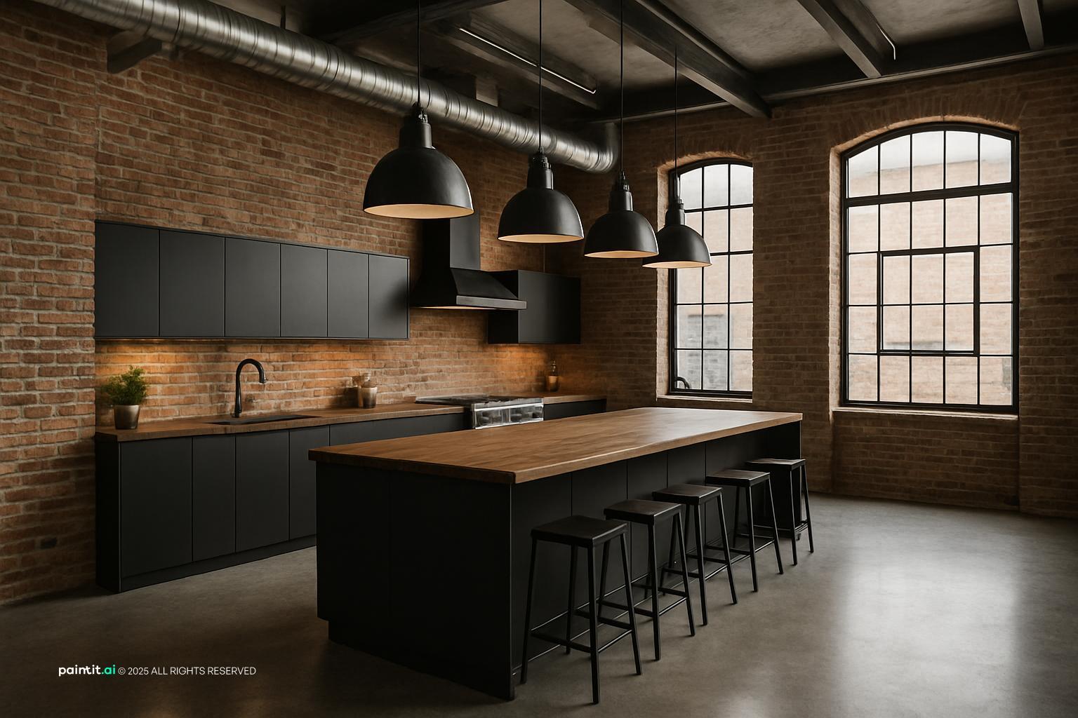 Exposed Brick Loft Kitchen with Warehouse Windows for New York Loft Style Interior Design