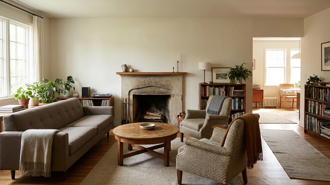 Off-center fireplace living room with a sofa, angled chairs, round coffee table, and clear walkway.