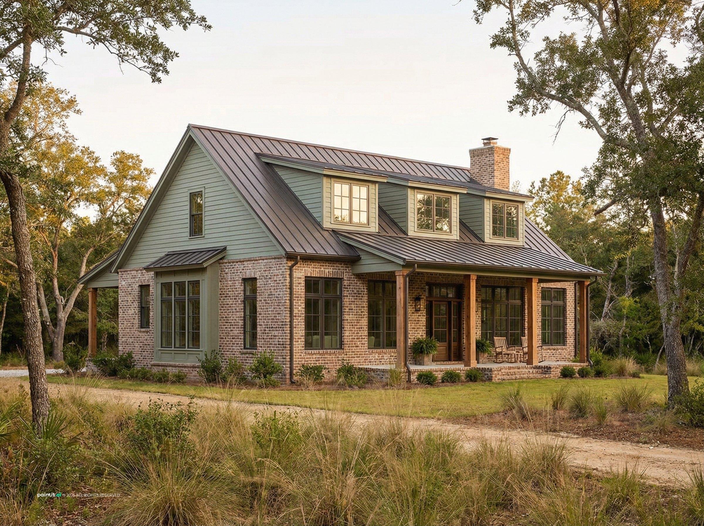 Charleston-style cottage with a metal roof, brick walls and a porch among live oaks