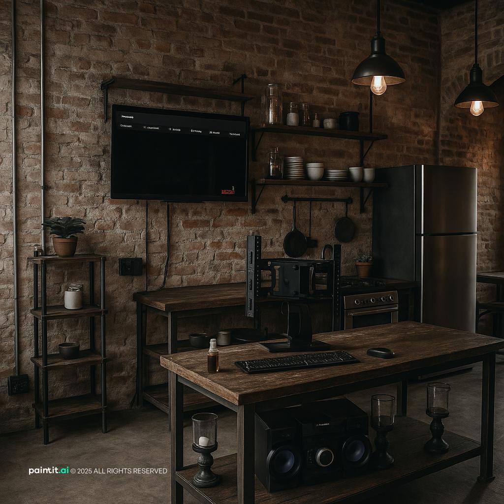 Industrial loft kitchen with exposed brick walls, metal shelving and a dark island