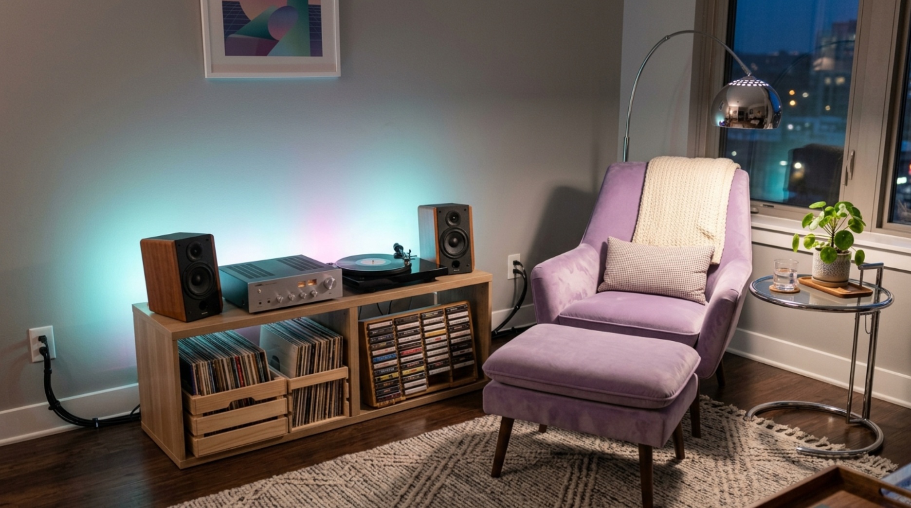 Vaporwave music corner with comfortable seating, compact speakers and organized media storage