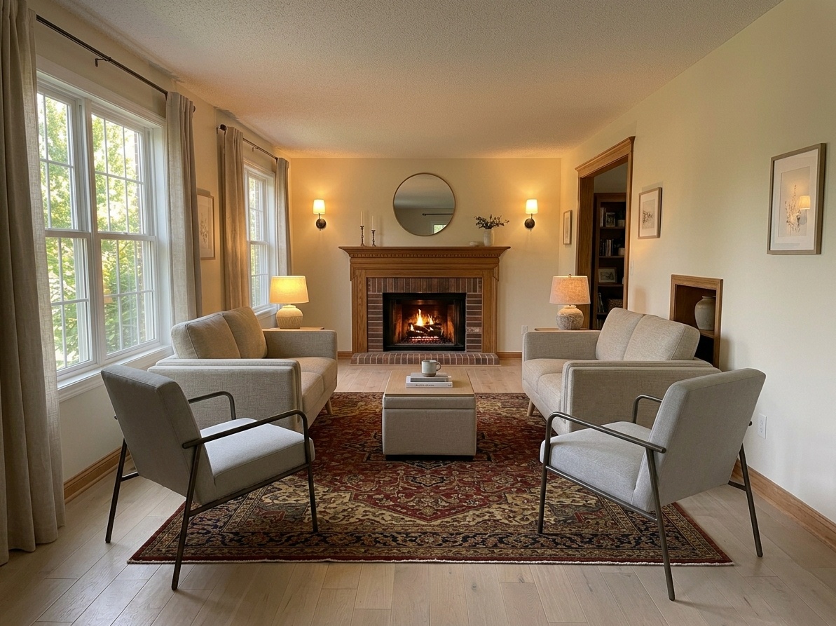 Living room designed around a fireplace focal point with sofa opposite and two armchairs flanking the fireplace in a symmetrical arrangement